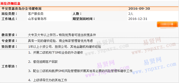 2016年中国平安普惠青岛分公司抵押风险管理部招聘催收岗启事
