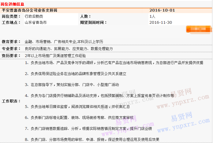 2016年中国平安普惠青岛分公司直销业务管理部招聘业务支持岗启事
