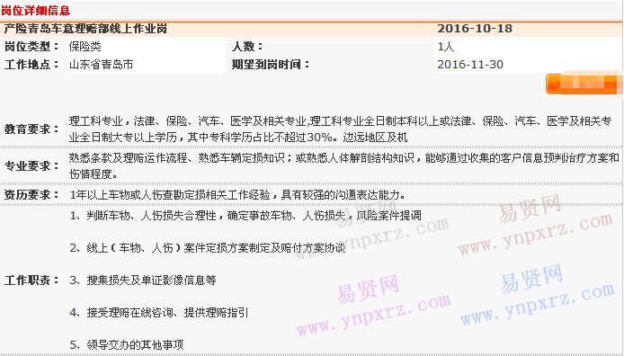 2016年中国平安产险青岛分公司运营中心车意理赔部招聘启事