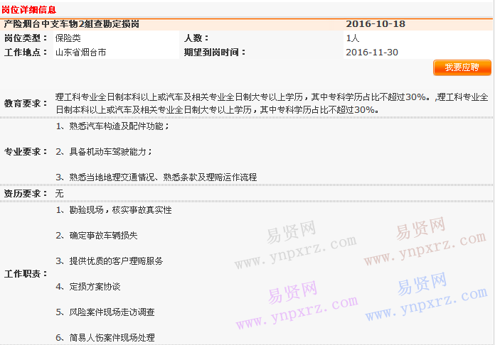 2016年10月中国平安产险青岛分公司烟台中心支公司车意综合作业区招聘启事