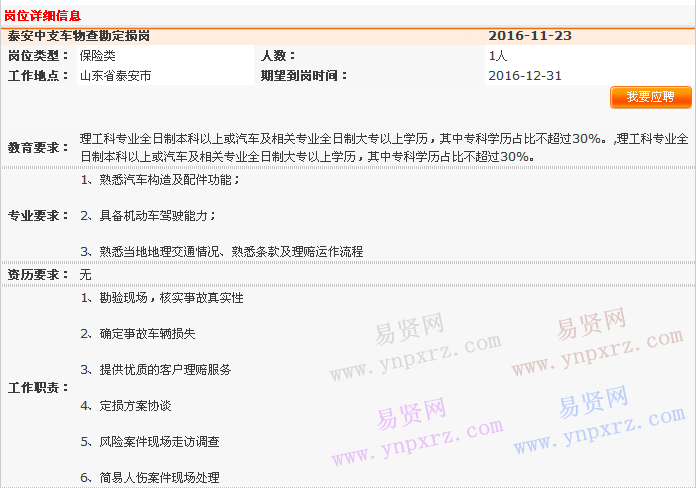 2016年中國平安產(chǎn)險山東分公司泰安中心支公司客服理賠部招聘查勘定損崗啟事