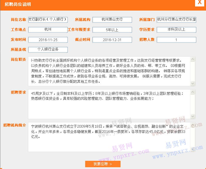 2016年寧波銀行杭州蕭山支行招聘支行副行長(zhǎng)(個(gè)人銀行)啟事