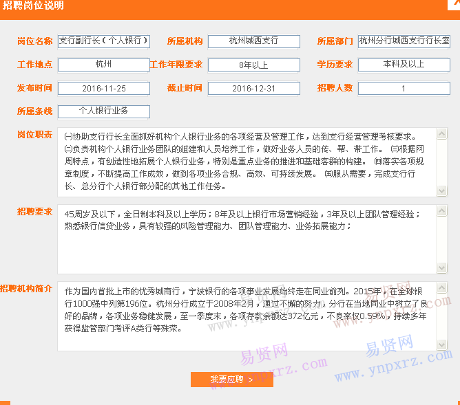 2016年宁波银行杭州城西支行招聘支行副行长(个人银行)启事