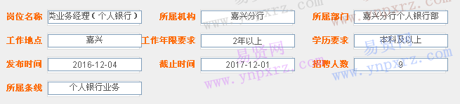 2016年宁波银行嘉兴分行招聘营销类业务经理(个人银行)启事