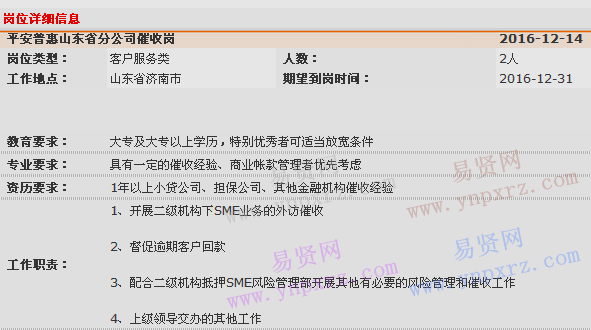 2016年中國平安普惠山東省分公司抵押風(fēng)險(xiǎn)管理部招聘啟事