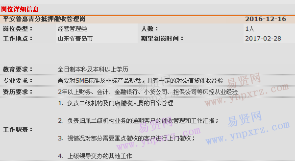 2016年中國平安普惠青島分公司抵押風險管理部招聘抵押催收管理崗啟事