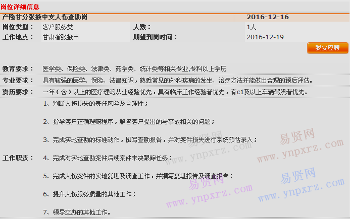 2016年中國平安產(chǎn)險甘肅分公司張掖中心支客服理賠部招聘人傷查勘崗啟事