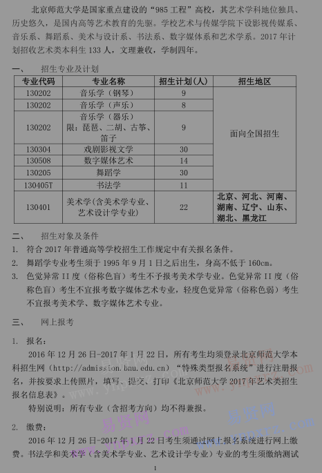 2017年北京師范大學(xué)藝術(shù)類(lèi)本科招生簡(jiǎn)章