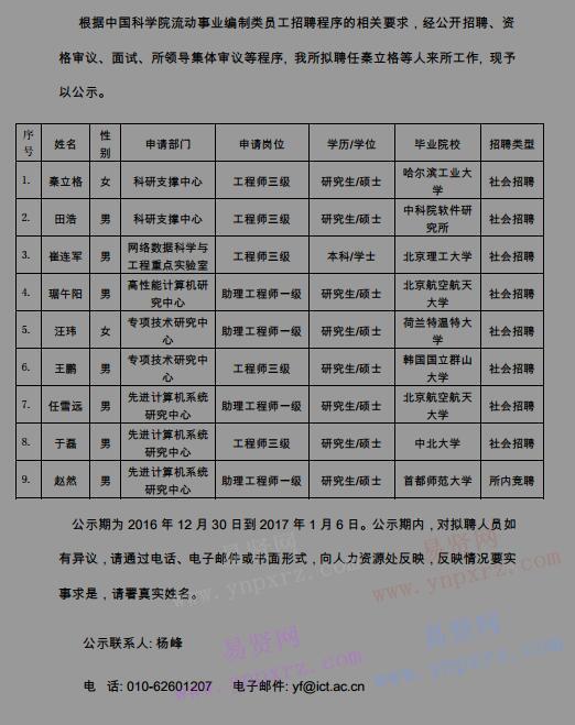 2017年中科院计算所流动事业编制类员工拟聘人选的公示通知