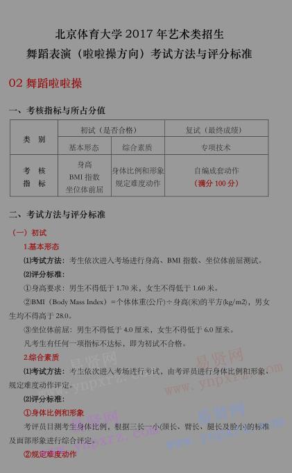 2017年北京體育大學藝術類舞蹈表演專業(yè)考試方法與評分標準