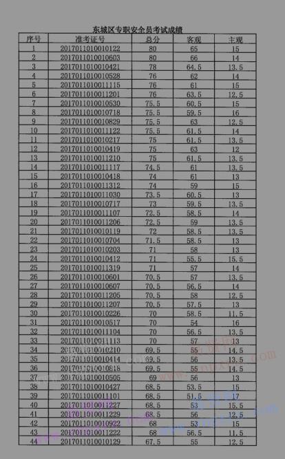 2017年北京市东城区第二批街道安全生产专职安全员招聘笔试成绩公示