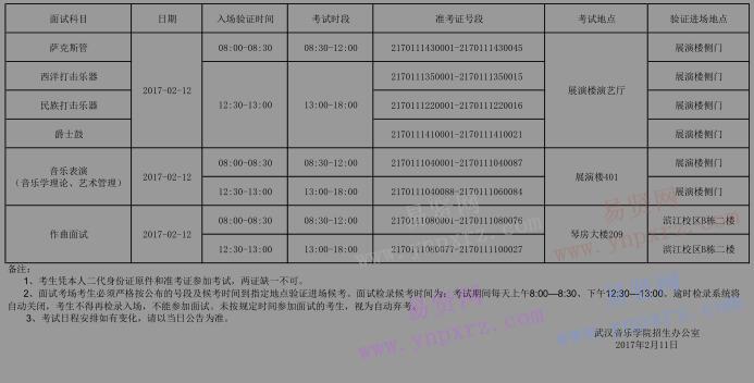 2017年武汉音乐学院普通本科招生考试初试安排表②