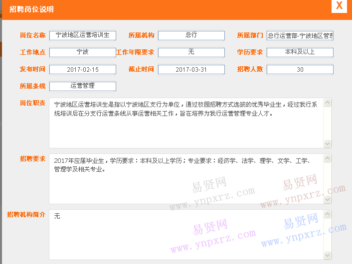 寧波銀行2017年春季校園招聘寧波地區(qū)運營培訓生公告