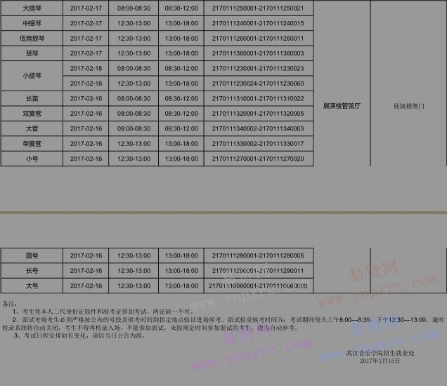 2017年武漢音樂(lè)學(xué)院普通本科招生考試復(fù)試安排表