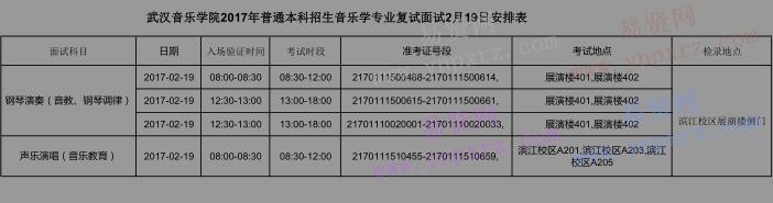 2017年武汉音乐学院普通本科招生音乐学专业复试面试2月19日安排表