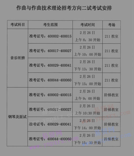 2017年中國音樂學(xué)院作曲與作曲技術(shù)理論招考方向二/三試考生名單及考試安排 