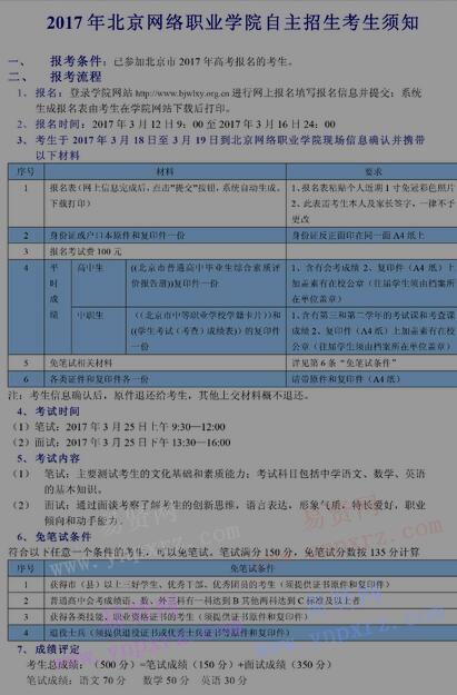 2017年北京网络职业学院自主招生考生须知