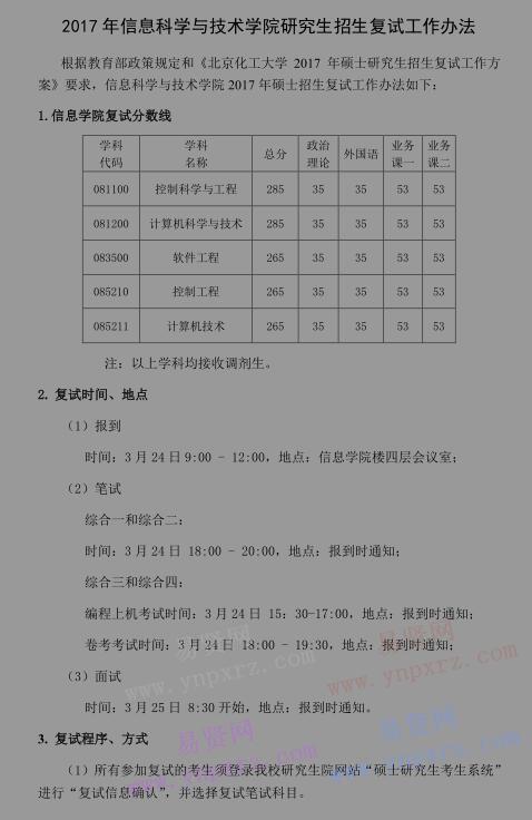 2017年北京化工大學信息科學與技術學院研究生招生復試工作辦法