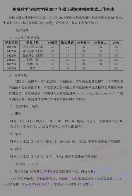 2017年北京化工大學(xué)生命科學(xué)與技術(shù)學(xué)院碩士研究生招生復(fù)試工作辦法