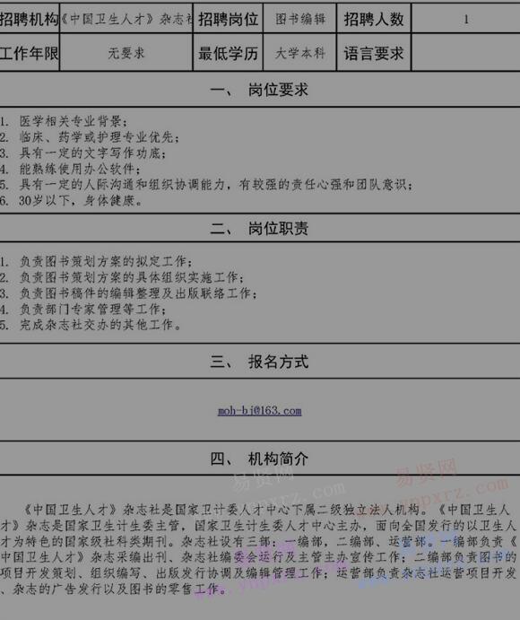 2017年《中国卫生人才》杂志社招聘需求 