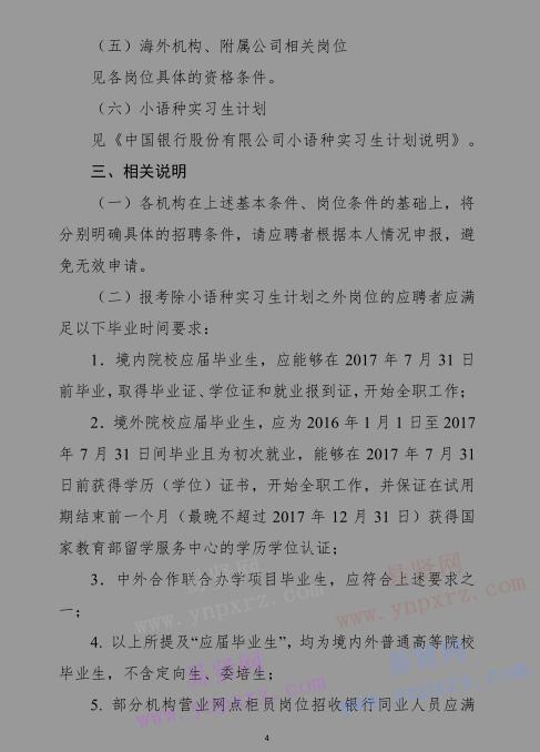 2017年中國銀行股份有限公司春季招聘條件