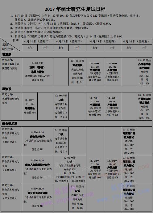 2017年中央戲劇學(xué)院碩士研究生入學(xué)考試復(fù)試日程