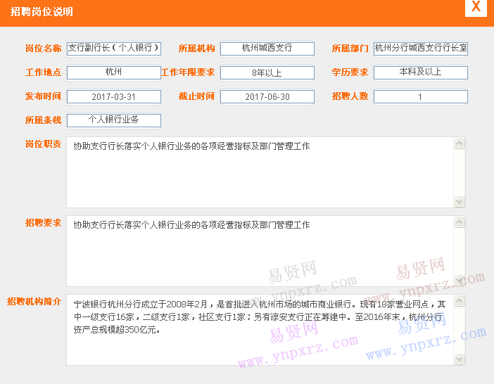 2017年寧波銀行杭州城西支行招聘支行副行長(公司銀行)啟事