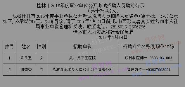 2016年桂林市事業(yè)單位考試招聘人員聘前公示(第十批)