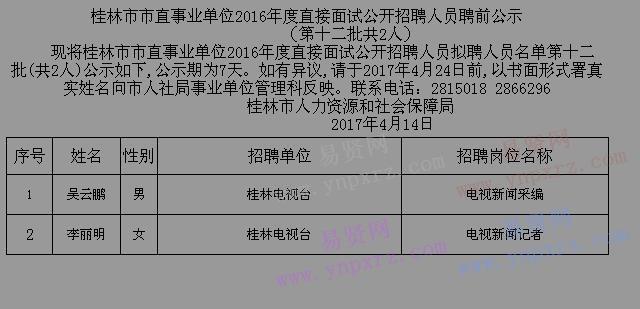2016年桂林市市直事業(yè)單位直接面試招聘人員聘前公示(第十二批)