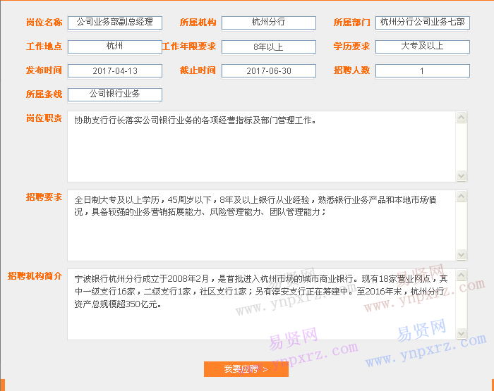 2017年寧波銀行杭州分行招聘公司業(yè)務(wù)部副總經(jīng)理啟事