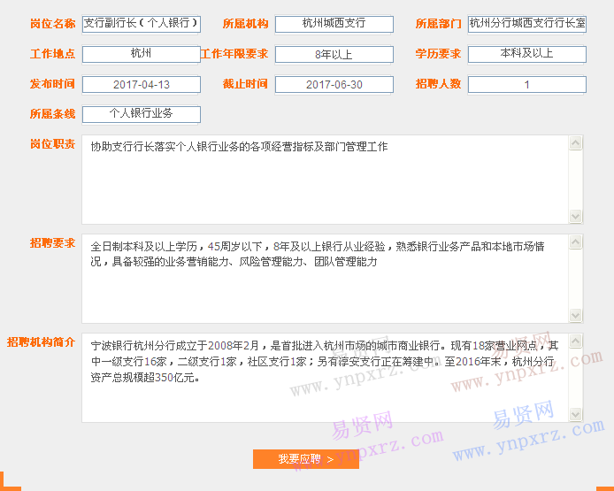 2017年寧波銀行杭州城西支行招聘支行副行長(個人銀行)啟事