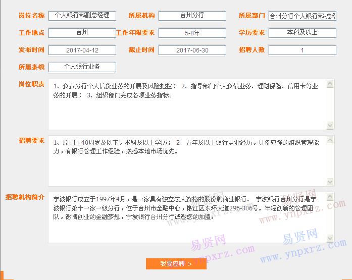 2017年寧波銀行臺州分行招聘個人銀行部副總經(jīng)理啟事