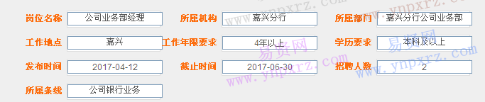 2017年寧波銀行嘉興分行招聘公司業(yè)務(wù)部經(jīng)理啟事