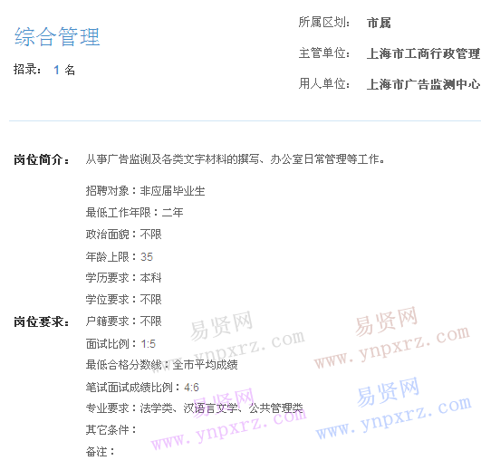 上海市2017年度事業(yè)單位招聘市屬崗位(工商行政管理局綜合管理)