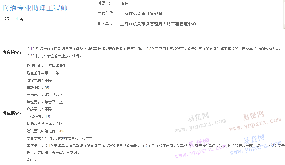 上海市2017年度事業(yè)單位招聘市屬崗位(機關(guān)事務(wù)管理局暖通專業(yè)助理工程師)