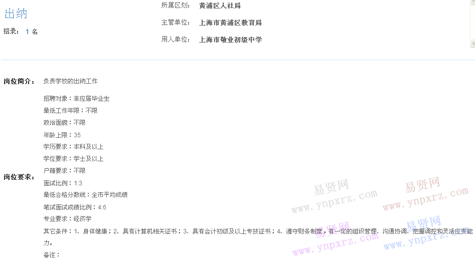 上海市2017年度事業(yè)單位招聘黃浦區(qū)崗位(敬業(yè)初級中學(xué)出納)