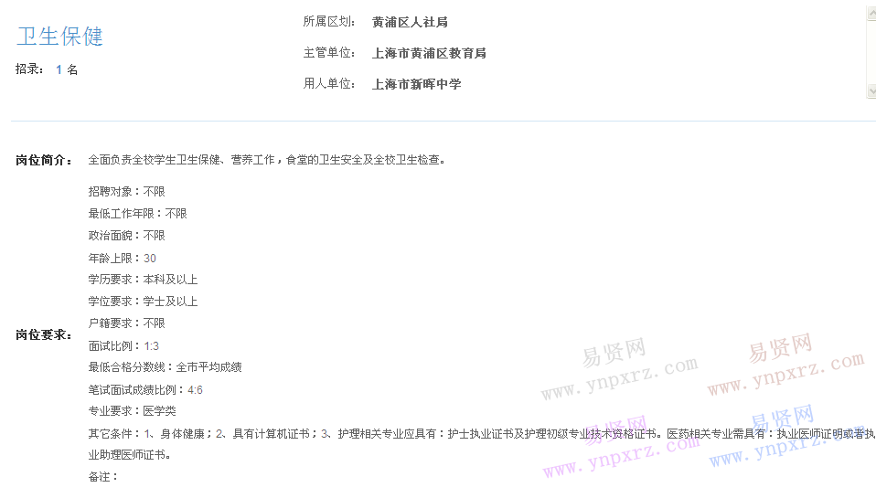 上海市2017年度事業(yè)單位招聘黃浦區(qū)崗位(新暉中學(xué)衛(wèi)生保健)