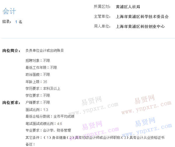 上海市2017年度事業(yè)單位招聘黃浦區(qū)崗位(科技創(chuàng)業(yè)中心會(huì)計(jì))