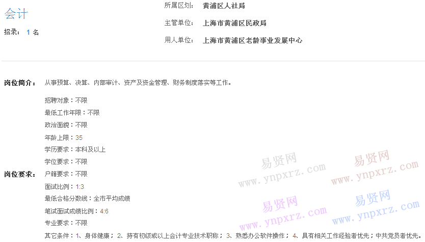 上海市2017年度事業(yè)單位招聘黃浦區(qū)崗位(老齡事業(yè)發(fā)展中心會計)