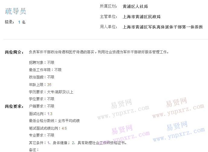 上海市2017年度事業(yè)單位招聘黃浦區(qū)崗位(軍隊離休退休干部第一休養(yǎng)疏導(dǎo)員)