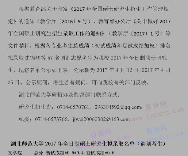 2017年湖北师范大学全日制硕士研究生拟录取名单公示(调剂考生)