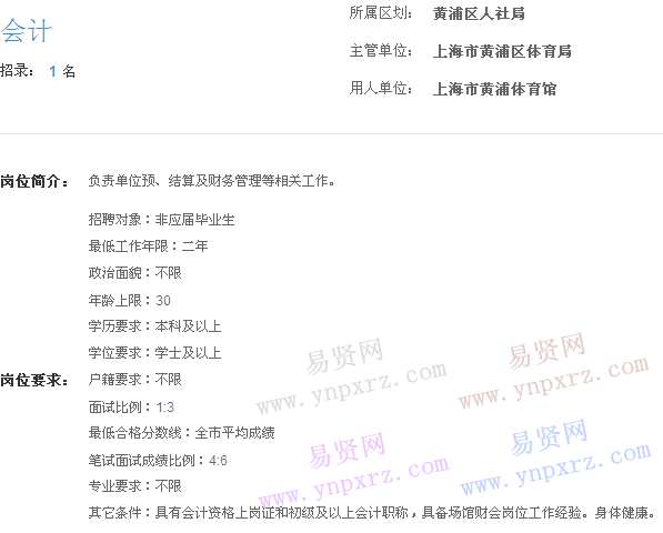 上海市2017年度事業(yè)單位招聘黃浦區(qū)崗位(體育館辦會(huì)計(jì))