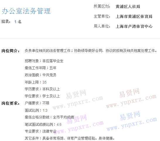上海市2017年度事業(yè)單位招聘黃浦區(qū)崗位(盧灣體育中心辦公室法務(wù)管理)