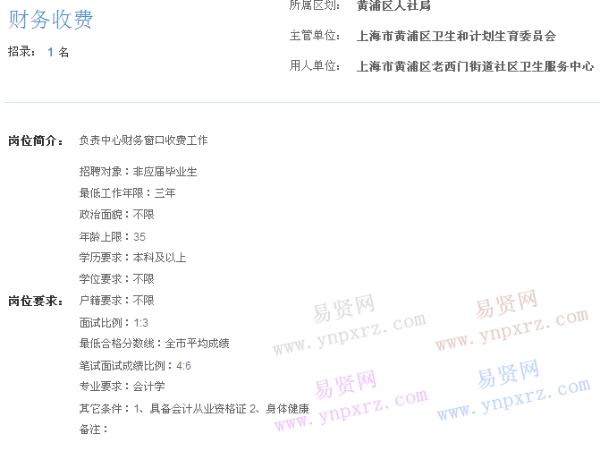 上海市2017年度事業(yè)單位招聘黃浦區(qū)崗位(老西門街道社區(qū)衛(wèi)生服務(wù)中心財(cái)務(wù)收費(fèi))