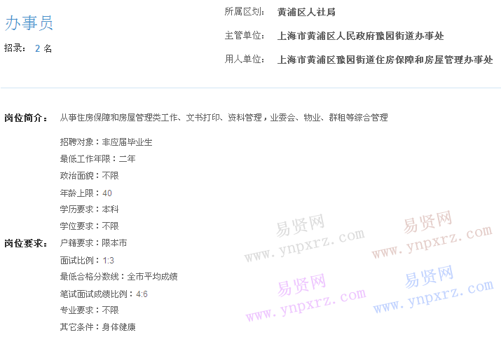 上海市2017年度事業(yè)單位招聘黃浦區(qū)崗位(豫園街道住房保障和房屋管理辦事處辦事員)