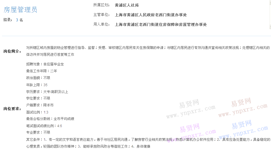 上海市2017年度事業(yè)單位招聘黃浦區(qū)崗位(老西門(mén)街道住房保障和房屋管理辦事處房屋管理員)