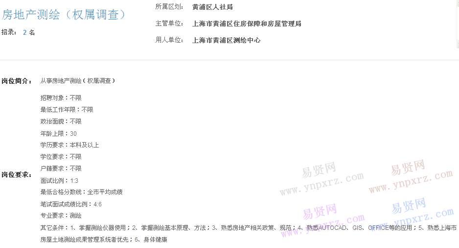 上海市2017年度事業(yè)單位招聘黃浦區(qū)崗位(測繪中心房地產(chǎn)測繪權(quán)屬調(diào)查)
