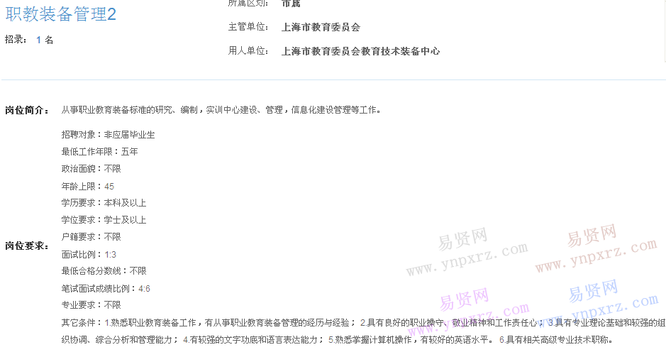 上海市2017年度事業(yè)單位招聘市屬崗位(教育委員會(huì)教育技術(shù)裝備中心職教裝備管理2)