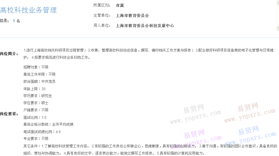 上海市2017年度事業(yè)單位招聘市屬崗位(教育委員會(huì)科技發(fā)展中心高校科技業(yè)務(wù)管理)