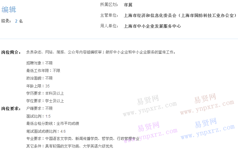 上海市2017年度事業(yè)單位招聘市屬崗位(中小企業(yè)上市促進(jìn)中心編輯)